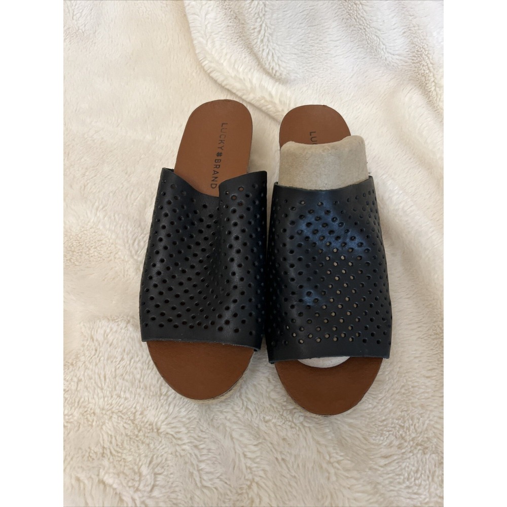 Lucky Brand Jemya Espadrille Wedge Sandals Black size 8.5 Slides Slide On